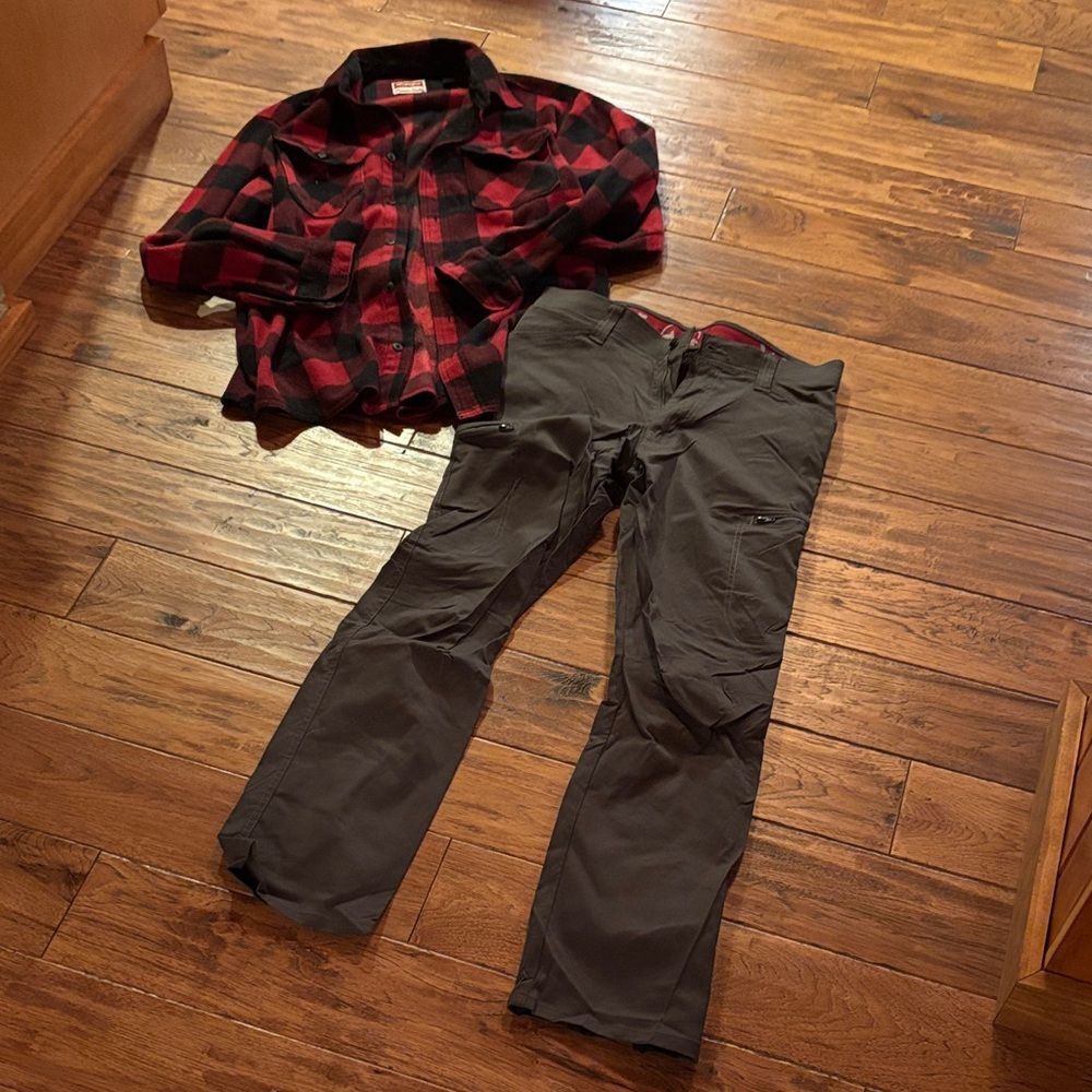 Wrangler Red and Black Plaid Shirt with Gray Wrangler Utility Pants